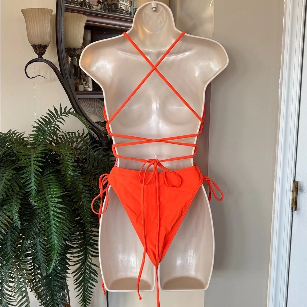 NWOT Orange Plunge One Piece Tie Back Swimsuit w/ Long Sleeve Ombre Mesh CoverUp